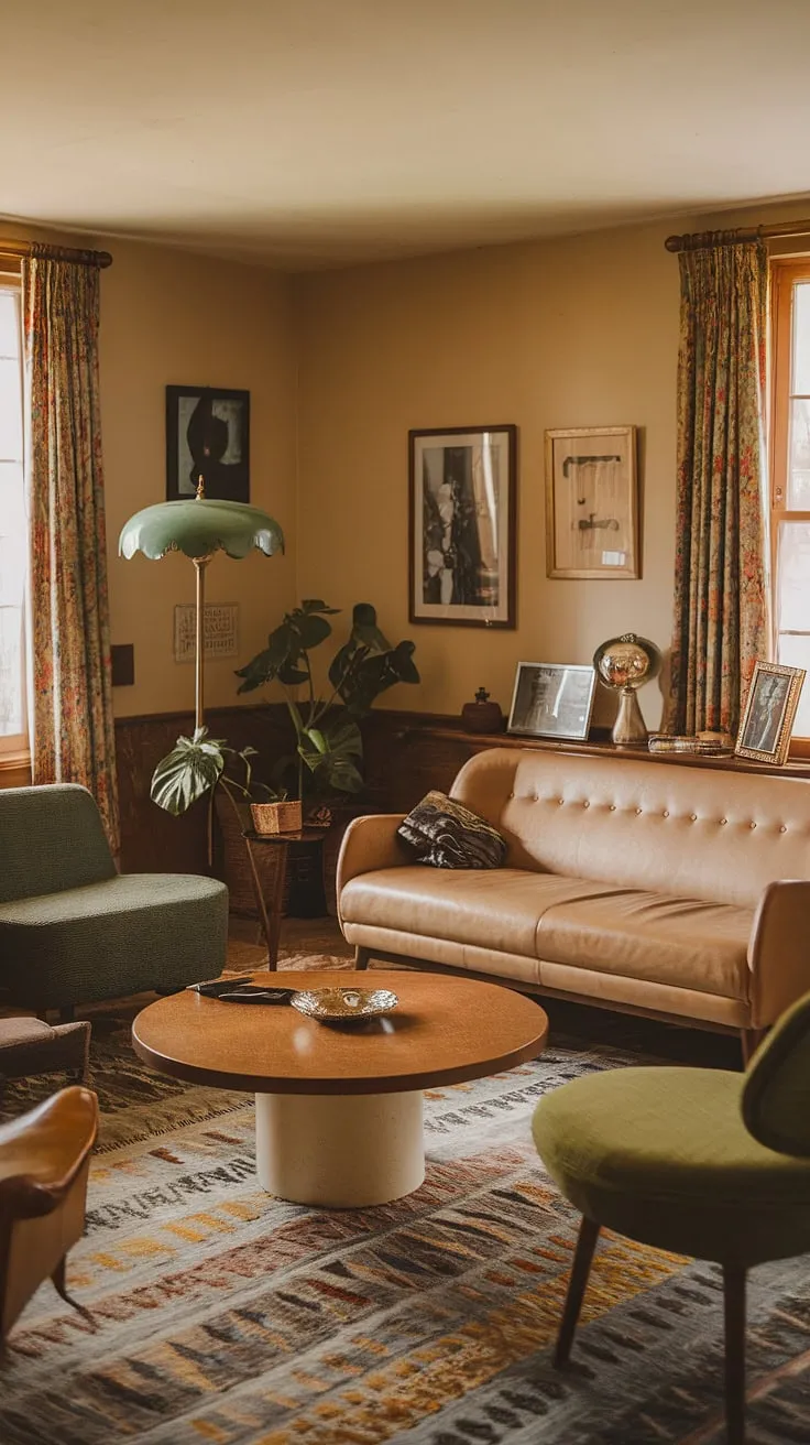 This eclectic living room showcases a vintage theme with a charming mix of 60s and 70s interior design elements, featuring thrifted furniture ideas like a beige sofa, a green round-topped chair, and a stylish wooden coffee table, perfect for renters seeking retro vintage inspiration.