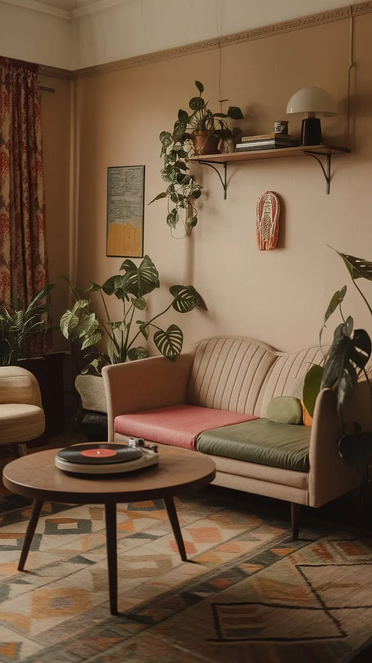This eclectic living room showcases a vintage-themed 60s and 70s aesthetic with a beige sofa, retro decor, and thrift living room ideas perfect for renters.