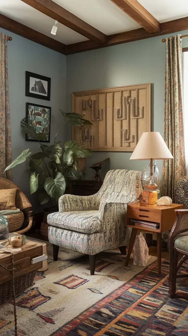 The retro vintage living room combines 60s and 70s interior design elements with thrifted finds, creating a unique space perfect for renters.