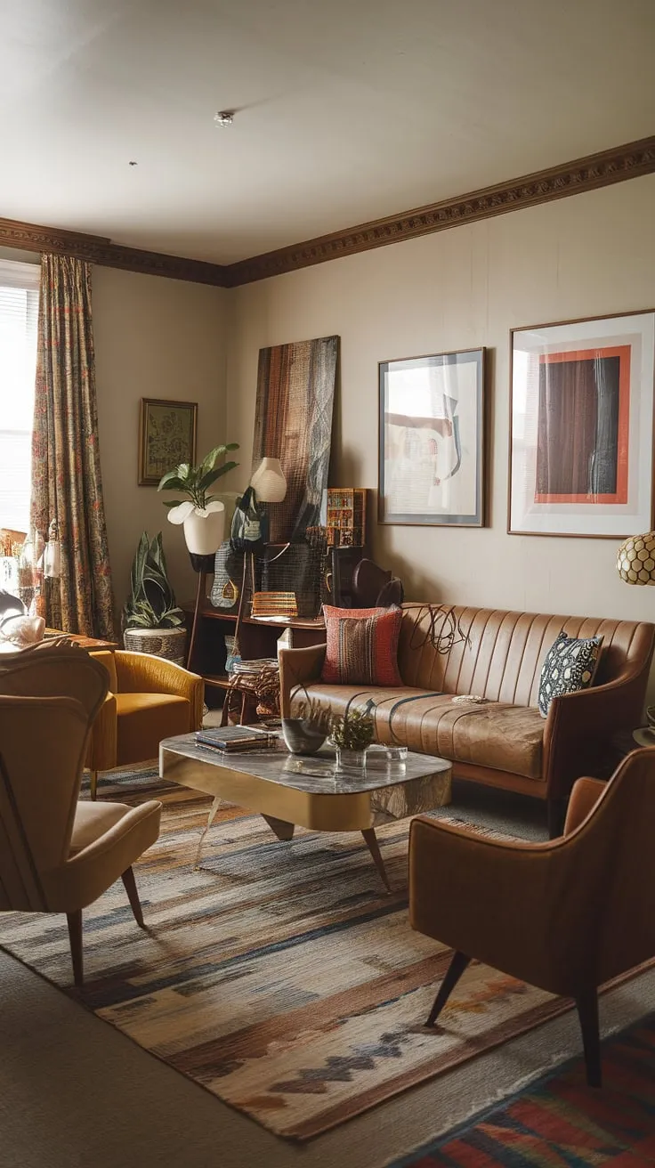 This eclectic living room showcases a vintage theme with a mix of mid-century modern and 70s interior design elements, perfect for renters seeking thrift living room ideas that capture the retro vintage aesthetic.