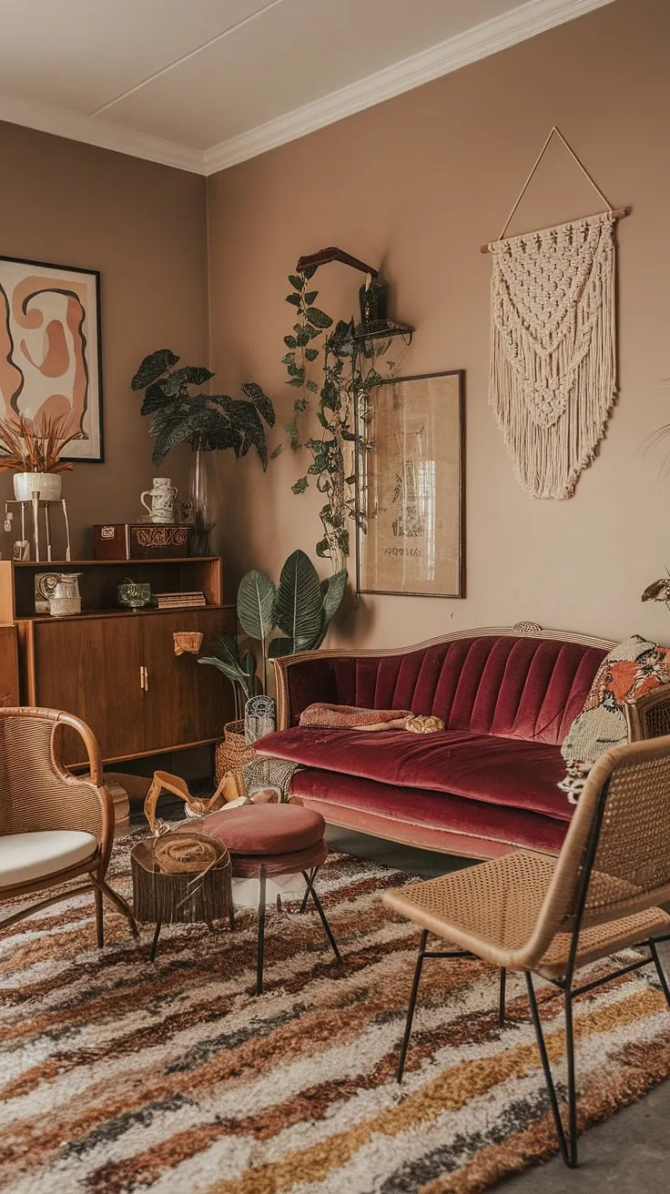 With its blend of vintage furniture and retro aesthetics, this eclectic living room captures the charm of the 60s and 70s, offering inspiring thrift living room ideas for renters.