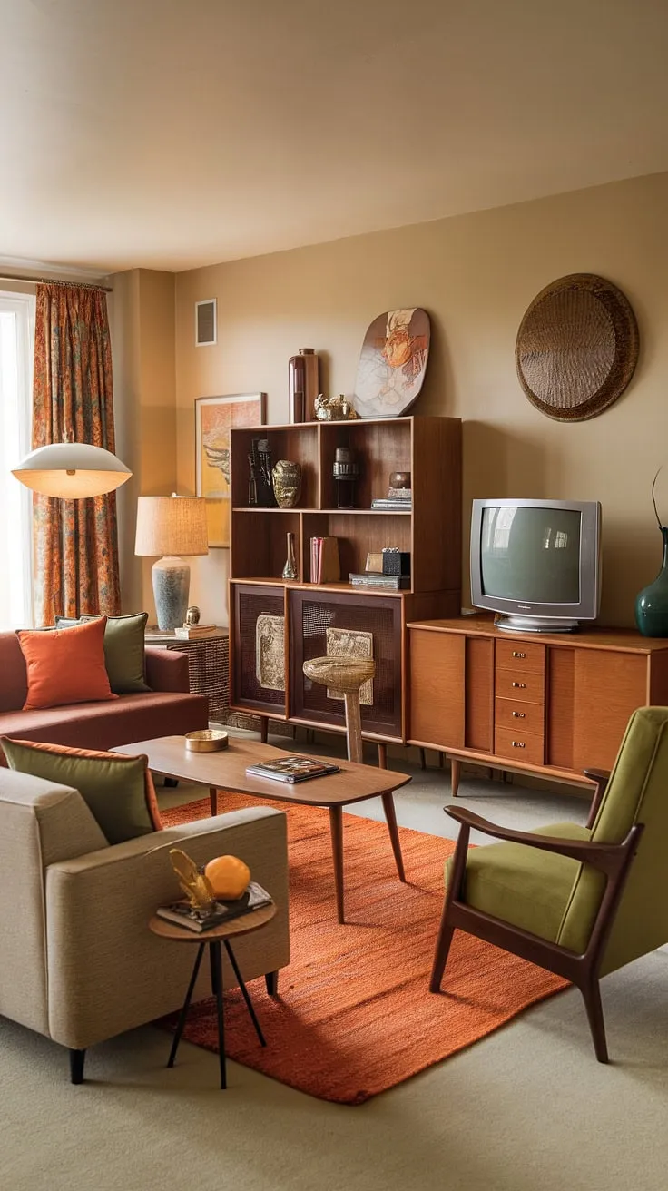 Featuring a warm ambiance, this retro vintage living room combines a wooden coffee table, green armchair, and colorful accents for a stylish 70s interior design.