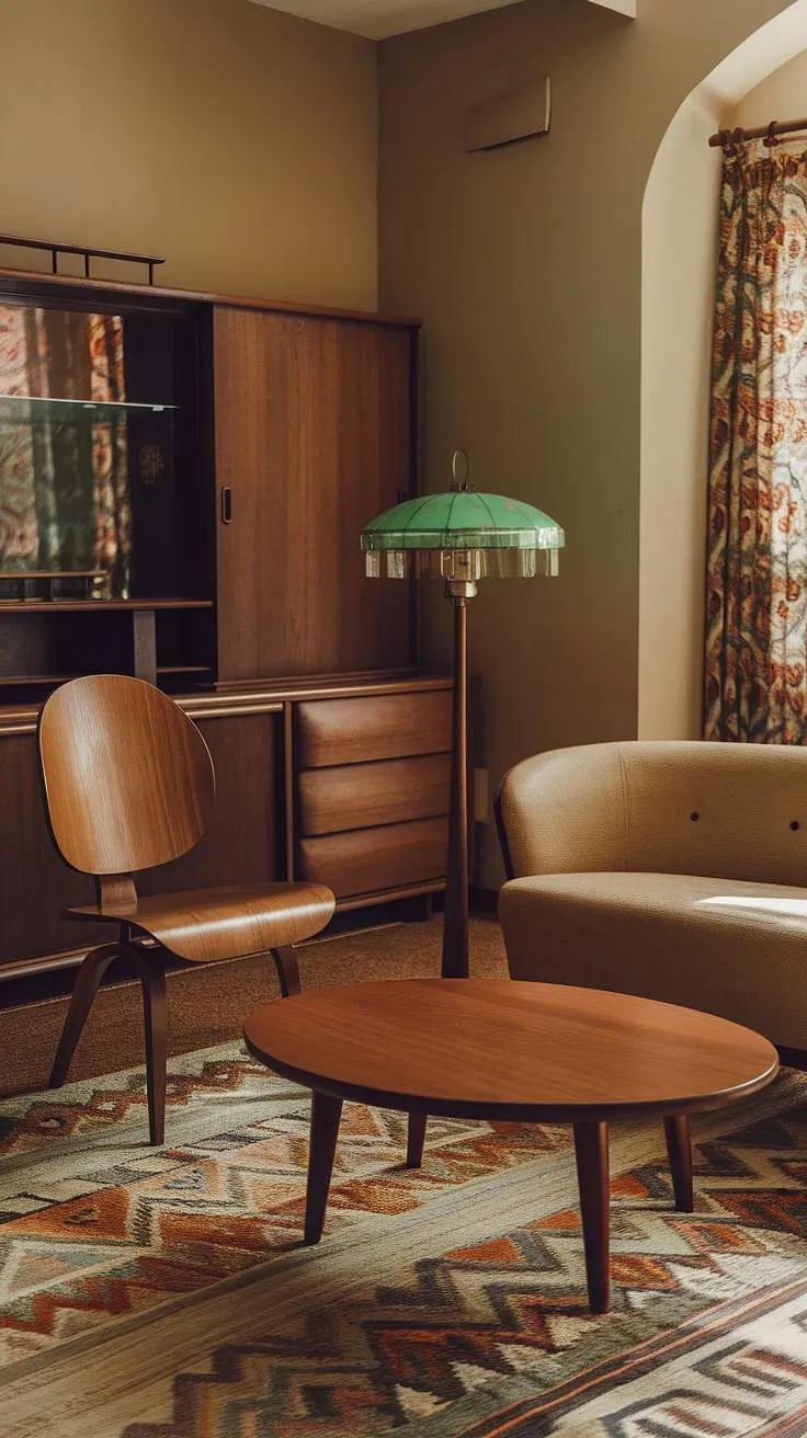 Featuring a blend of thrift living room ideas, this vintage themed space highlights a unique mix of 60s and 70s aesthetics with charming pieces like a curved beige sofa and a stylish green lamp.