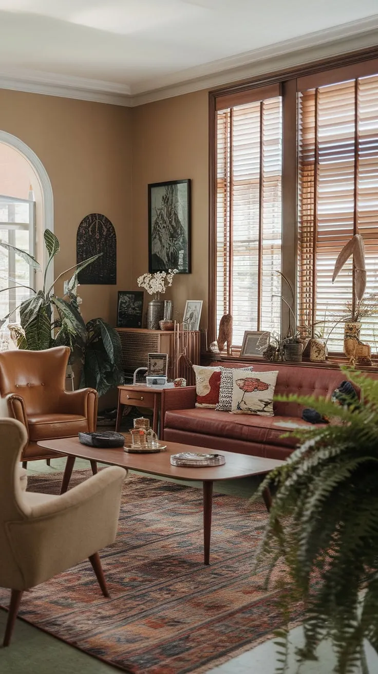 This eclectic living room showcases a vintage theme with a mix of mid-century modern and thrift store finds, perfectly capturing the 60s and 70s interior design aesthetic for renters.