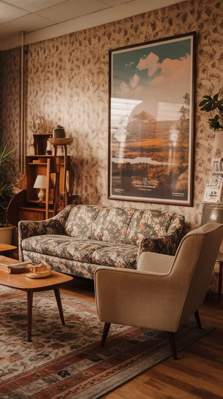 With its retro vintage charm, this inviting living room blends 60s and 70s interior design elements, offering thrift living room ideas that celebrate a warm and stylish ambiance.