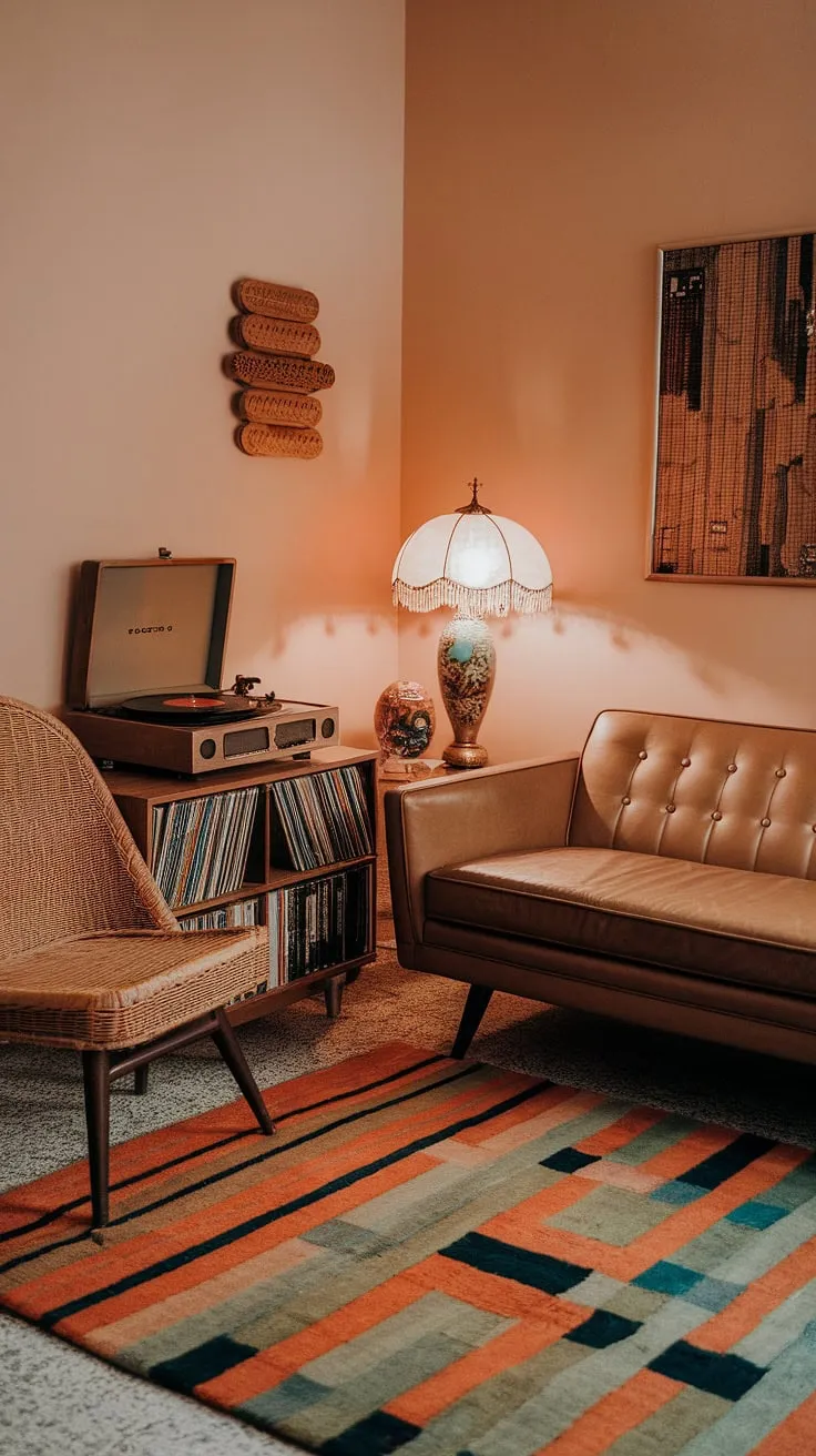 This eclectic living room showcases a vintage theme with a mid-century modern sofa, a retro record player, and a 70s interior design rug, perfect for renters seeking thrift living room ideas.