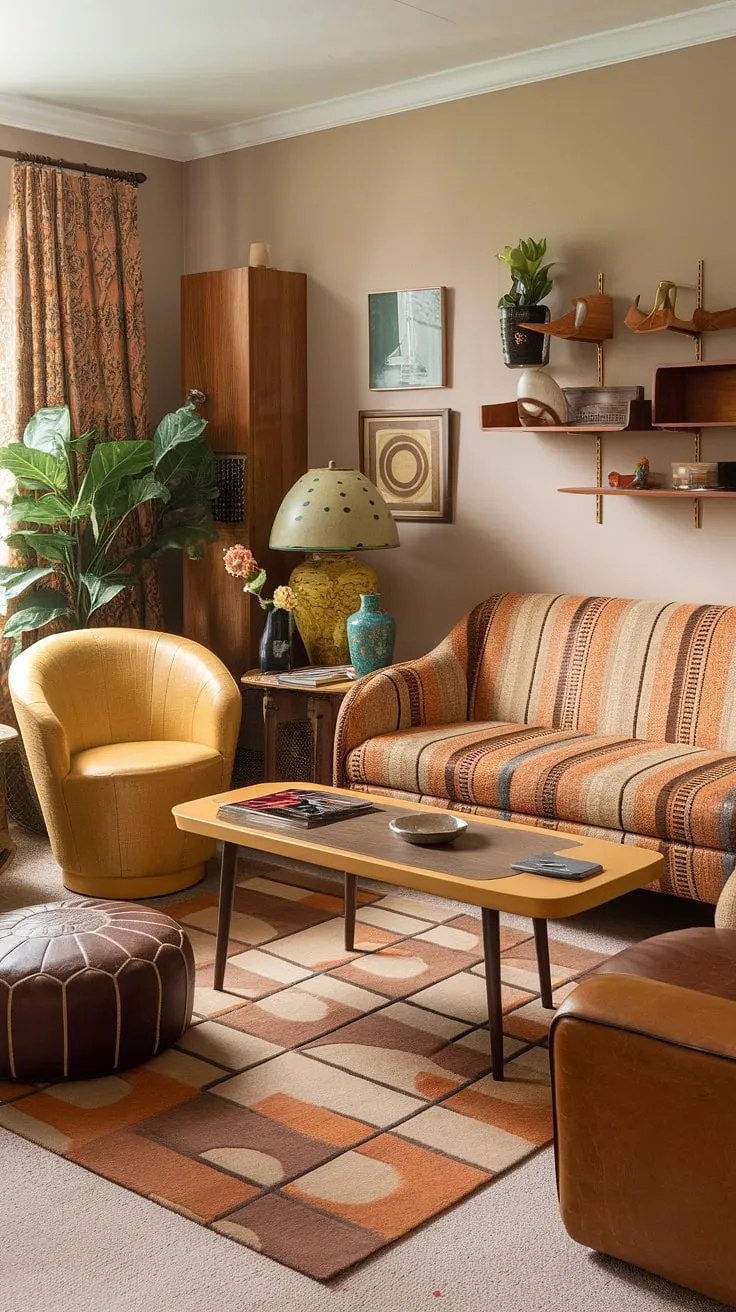 This eclectic living room showcases a vintage theme with a retro 60s and 70s aesthetic, featuring thrifted furniture and decor ideas perfect for renters.