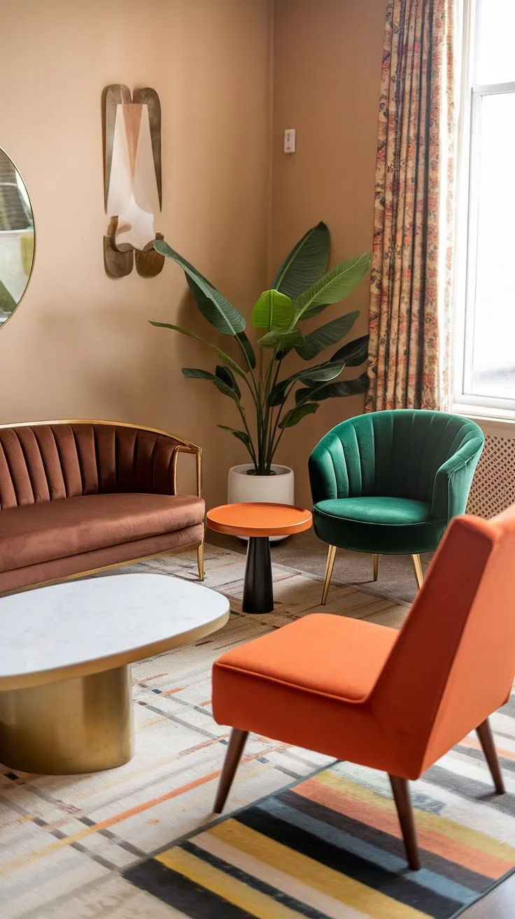 With its retro vintage aesthetic, this eclectic living room combines a brown sofa, vibrant orange armchair, and stylish green velvet chair, making it an ideal inspiration for renters looking to channel 60s and 70s interior design.