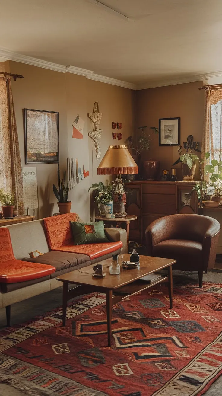 Featuring a warm ambiance with a brown armchair and vintage accents, this retro vintage living room captures the charm of 60s and 70s interior design while offering stylish thrift living room ideas.