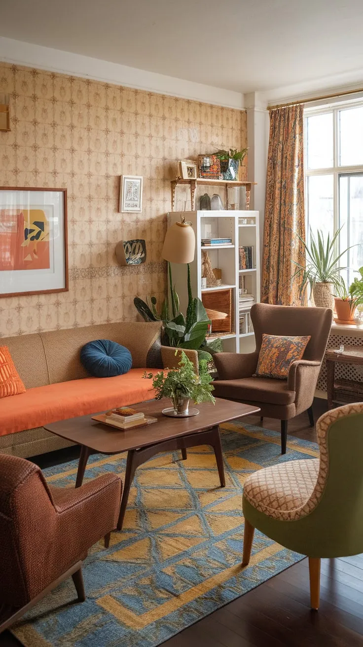 This vintage-themed eclectic living room showcases a charming blend of 60s and 70s interior design with thrifted ideas, featuring a beige sofa adorned with vibrant cushions, a patterned armchair, and a colorful rug.