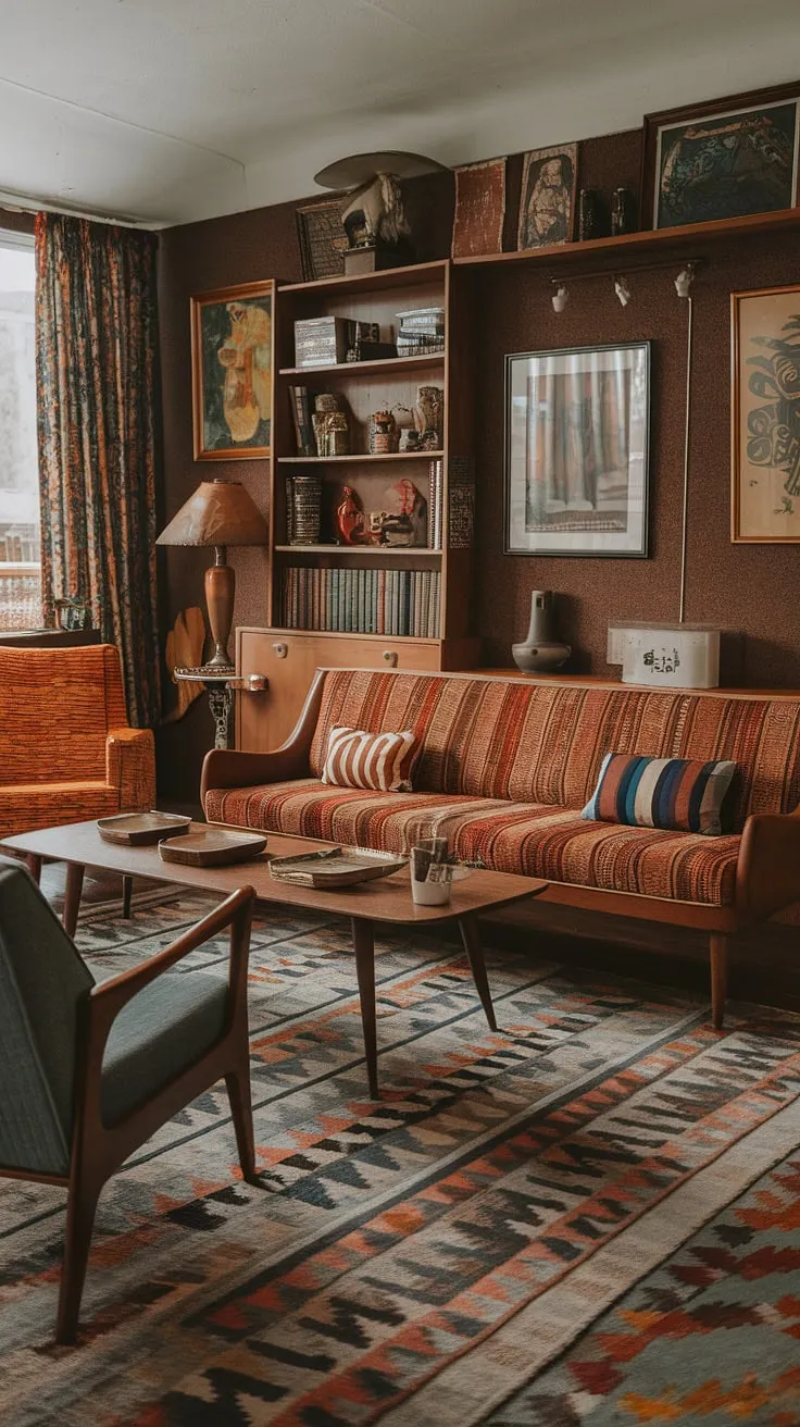 With its geometric rug, vintage artwork, and a blend of 60s and 70s interior design elements, this eclectic living room is ideal for those looking to create a stylish retro vintage space on a budget.