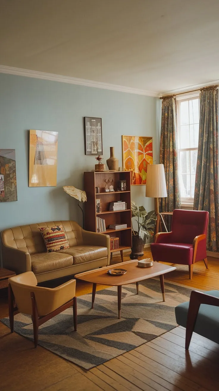 Featuring a light blue palette and charming thrift living room ideas, this space beautifully blends elements of the past for a cozy, nostalgic vibe.