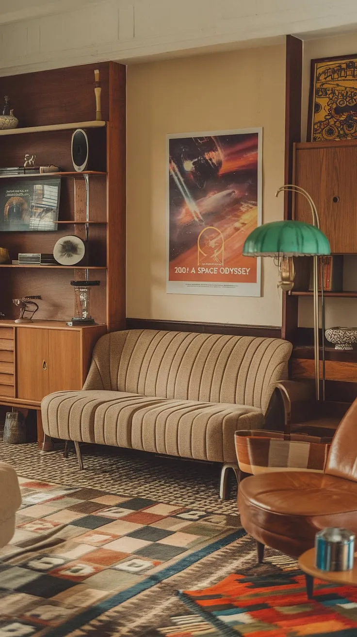 With its mix of vintage furniture and retro accents, this living room captures the essence of 60s and 70s interior design while offering creative thrift living room ideas for renters.