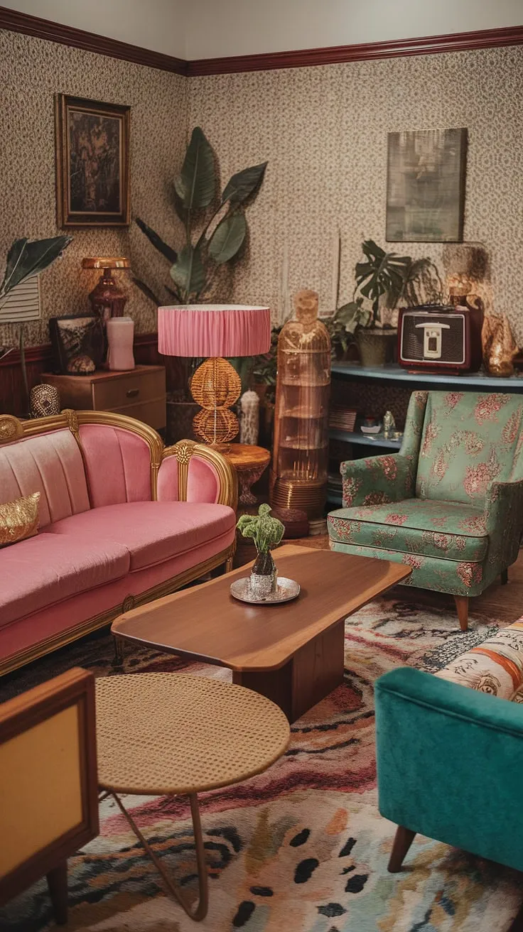 This vintage-themed living room showcases an eclectic mix of 60s and 70s interior design with thrifted ideas, featuring a pink sofa, floral armchair, and retro decor.