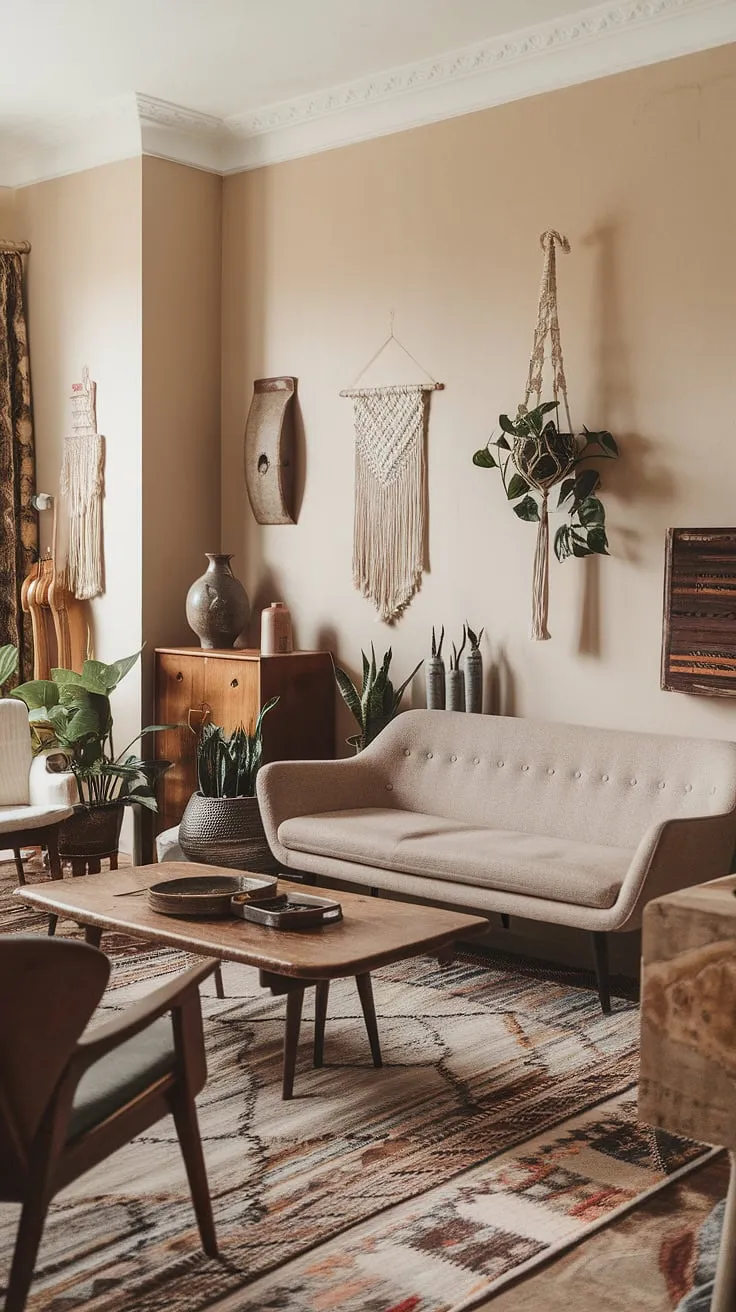 This eclectic living room showcases a vintage theme with a mid-century modern sofa, retro furniture, and thrift living room ideas that capture the essence of 60s and 70s interior design, perfect for renters.