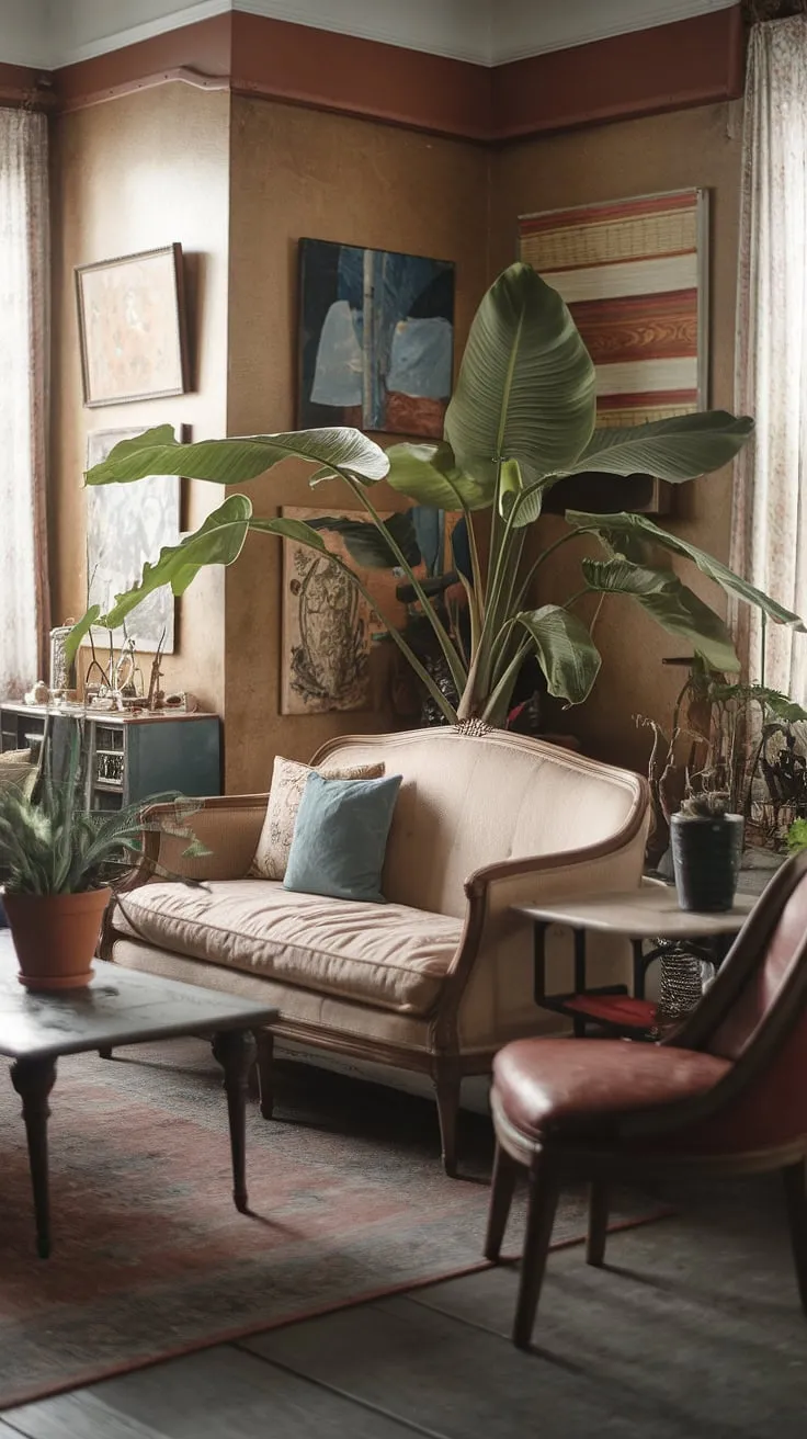 Featuring a blend of art and greenery, this retro vintage living room captures the essence of a stylish 60s aesthetic while offering inspiration for renters.