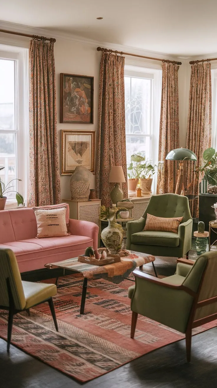 This eclectic living room showcases a vintage themed style with a 60s and 70s aesthetic, featuring a pink sofa, green armchair, and unique thrift finds that inspire renters' retro vintage living room ideas.