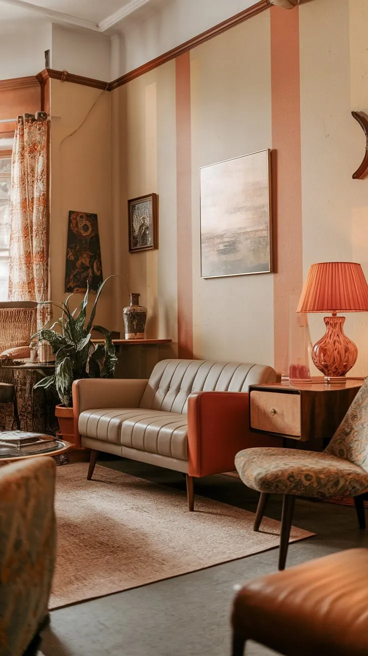 With its inviting beige and orange palette, this retro vintage living room combines mid-century charm and 70s interior design, offering stylish thrift living room ideas for renters.