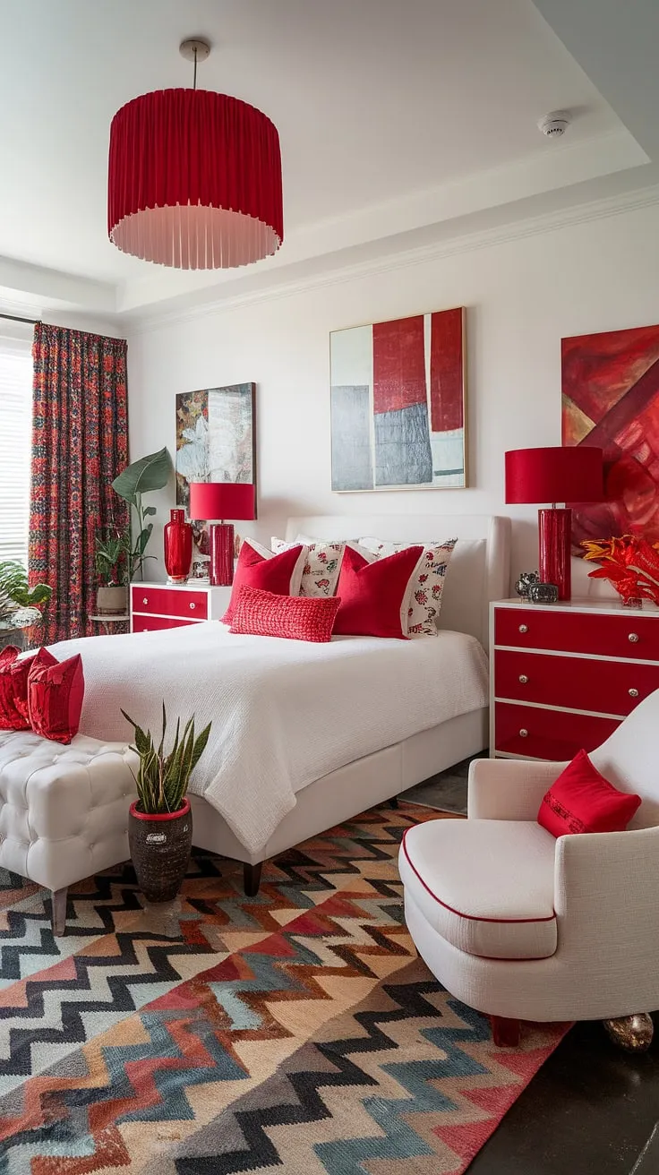 Dive into the maximalist world of this apartment bedroom design.  A white bedroom with red accents forms the foundation of this eclectic maximalist bedroom, showcasing the power of color theory in bedroom design.  Notice the clever bedding arrangement ideas and red accent decor, all contributing to a truly maximalist bedroom decor scheme.  This space is a masterclass in eclectic apartment aesthetic and provides ample maximalist bedding inspiration.