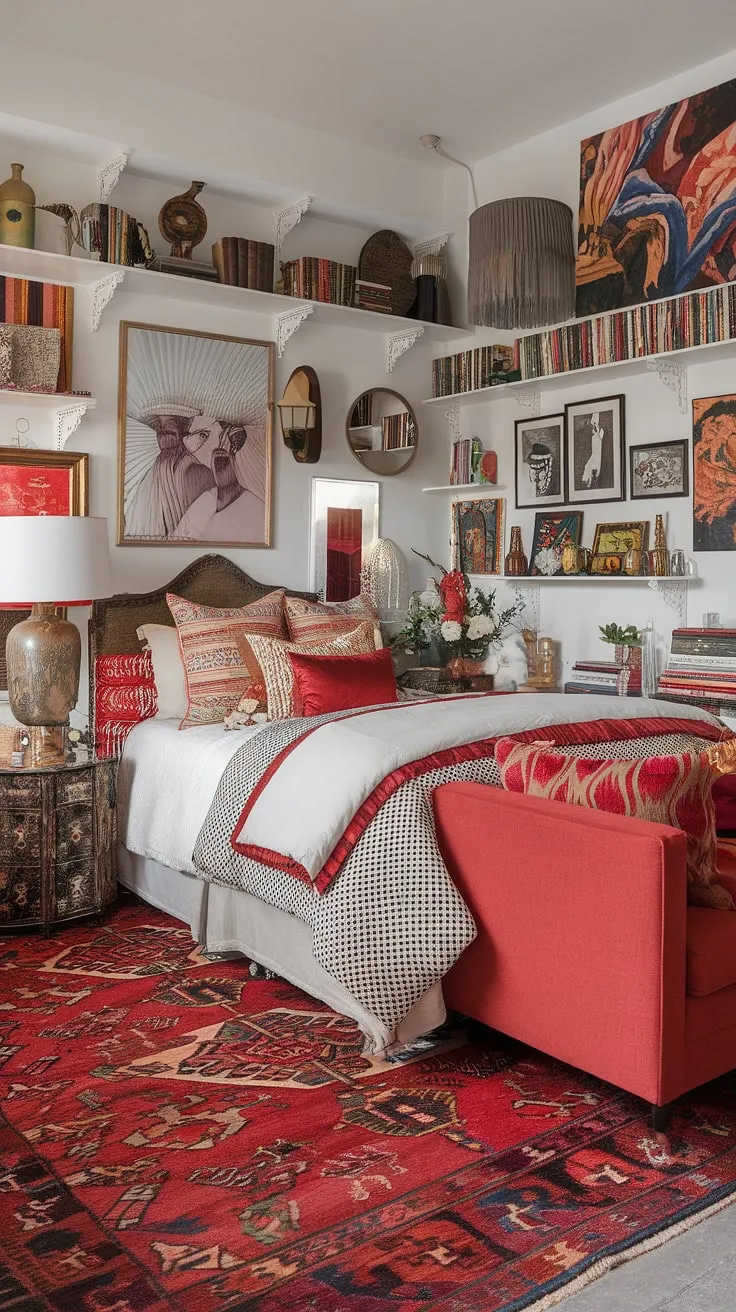 This eclectic maximalist bedroom showcases a vibrant interplay of color theory in bedroom design, proving that a white bedroom with red accents can be anything but minimalist.  The maximalist bedroom decor, including the bedding arrangement ideas, creates a truly unique and inspiring apartment bedroom design, reflecting an eclectic apartment aesthetic brimming with personality.