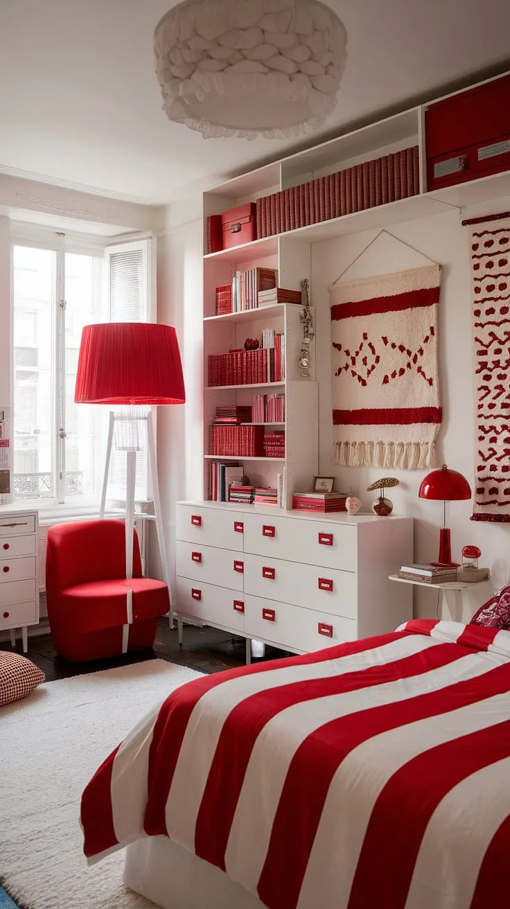 Dive into a world of maximalist bedding inspiration in this apartment bedroom design.  The white bedroom with red accents is a masterclass in color theory in bedroom design, showcasing how bold choices can create an eclectic maximalist bedroom.  Notice the carefully curated maximalist bedroom decor and bedding arrangement ideas that perfectly embody an eclectic apartment aesthetic.
