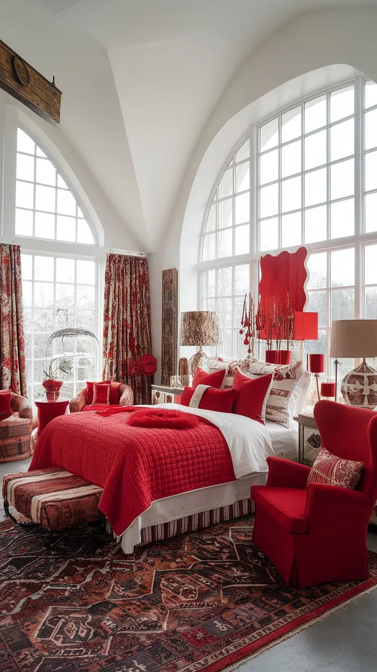 This eclectic maximalist bedroom showcases a vibrant interplay of color theory in bedroom design, with red accent decor popping against the white backdrop.  The maximalist bedroom decor and bedding arrangement ideas create a truly unique apartment bedroom design, offering maximalist bedding inspiration for anyone embracing an eclectic apartment aesthetic.