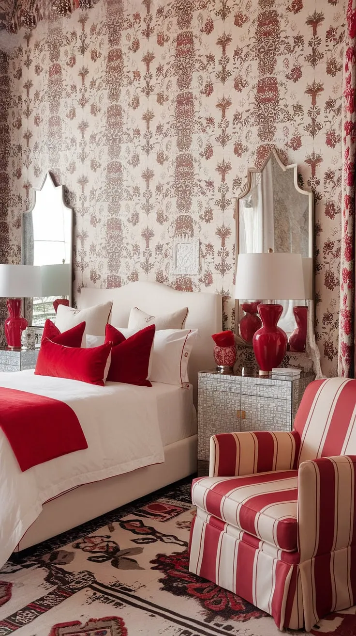 Dive into a world of maximalist bedding inspiration in this apartment bedroom design.  The white bedroom with red accents is a masterclass in color theory in bedroom design, showcasing how bold choices can create a truly eclectic maximalist bedroom.  Note the thoughtful bedding arrangement ideas and red accent decor that contribute to this stunning eclectic apartment aesthetic.