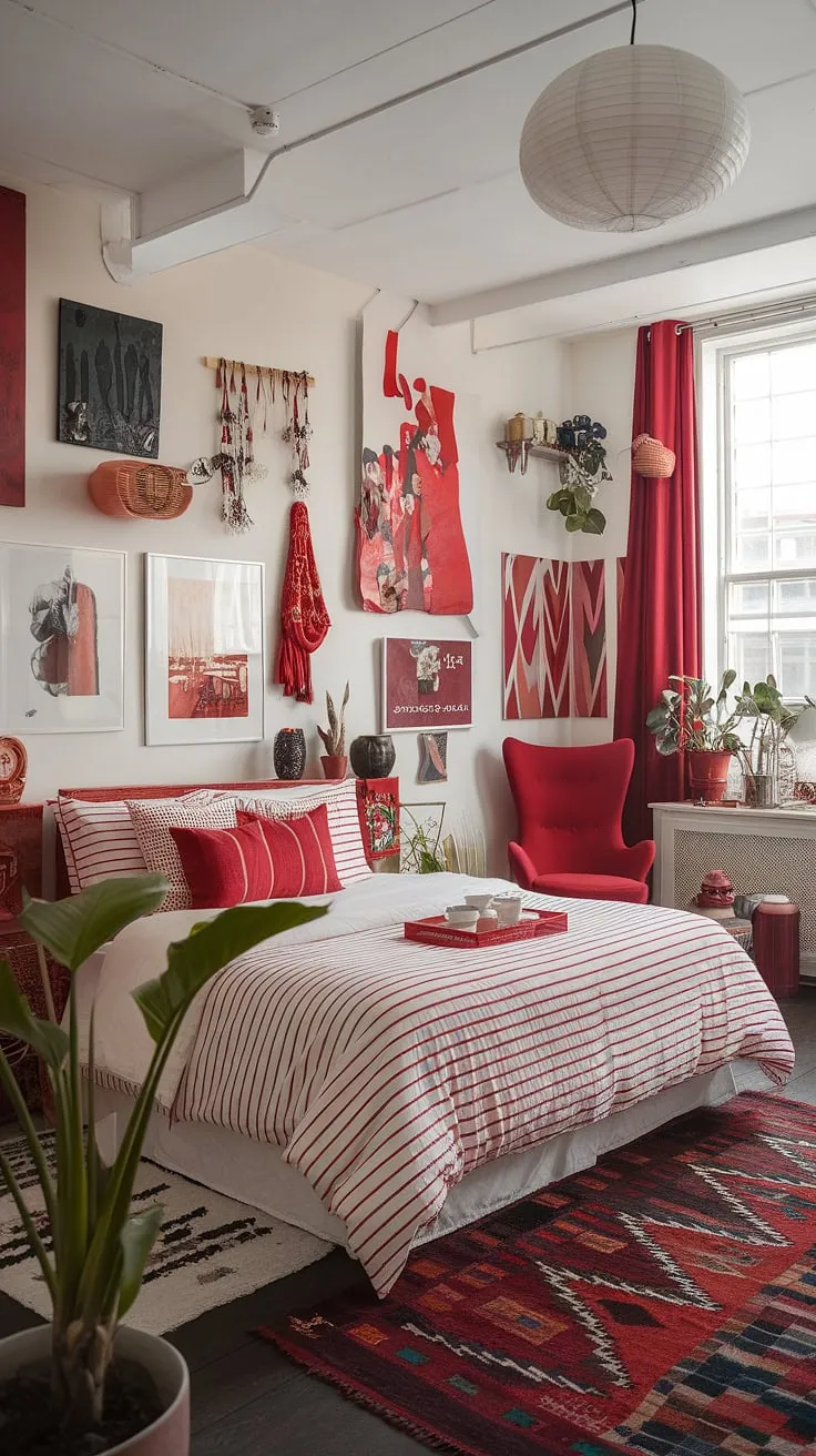 Dive into a world of maximalist bedroom decor in this apartment bedroom design.  The white bedroom with red accents is a masterclass in eclectic maximalist bedroom style.  From the striking bedding arrangement ideas to the thoughtfully placed red accent decor and curated artwork, every detail contributes to a truly unique and inspiring space. This is maximalist bedding inspiration at its finest, a testament to the power of color theory in bedroom design and the joy of an eclectic apartment aesthetic.