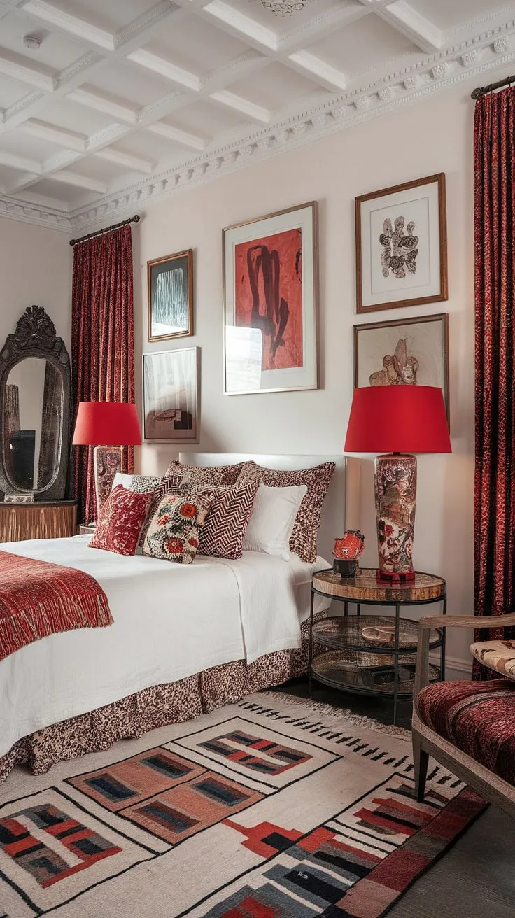 This eclectic maximalist bedroom is a vibrant explosion of color and texture.  The white base allows the red accent decor to truly pop, showcasing a masterful application of color theory in bedroom design.  Notice the bedding arrangement ideas – a testament to maximalist bedding inspiration.  This apartment bedroom design proves that more is more, creating a truly unique and unforgettable eclectic apartment aesthetic.