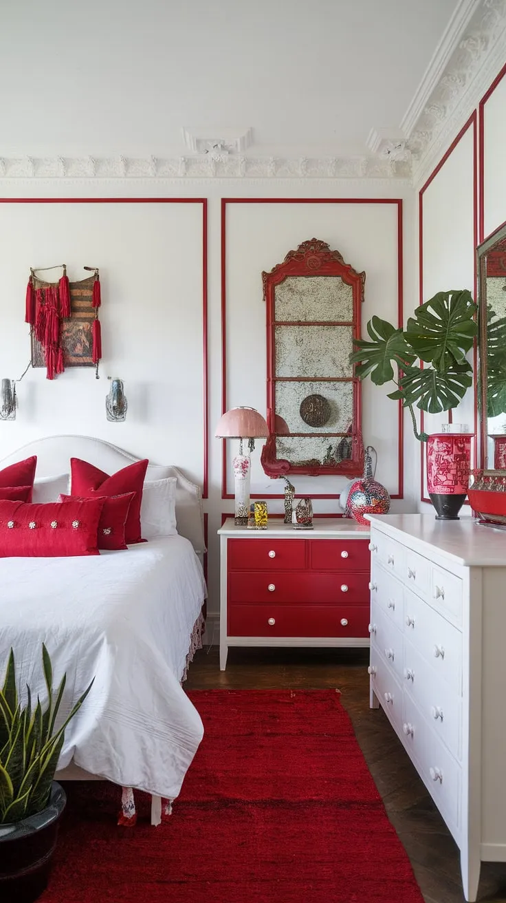 This eclectic maximalist bedroom is a vibrant explosion of personality.  The white base allows the red accent decor to truly pop, showcasing a masterful application of color theory in bedroom design.  Note the clever bedding arrangement ideas and maximalist bedding inspiration – a testament to the artistry of apartment bedroom design and the overall eclectic apartment aesthetic.
