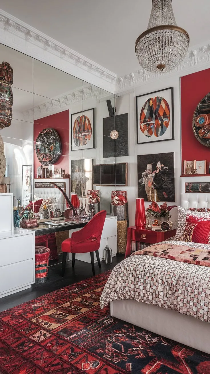 Dive into the richly layered world of this eclectic apartment aesthetic.  A white base provides the perfect canvas for the bold red velvet chair and other red accent decor, creating a truly maximalist bedroom.  Note the clever bedding arrangement ideas and how the patterned duvet and pillows complement the overall eclectic maximalist bedroom design. This space is a masterclass in color theory in bedroom design, proving that more is, indeed, more.