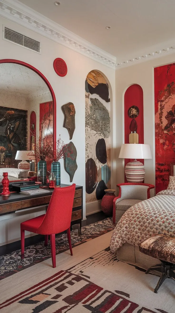 Dive into a world of maximalist bedding inspiration in this apartment bedroom design.  The white bedroom with red accents is a masterclass in color theory in bedroom design, demonstrating how a carefully curated palette can elevate an eclectic maximalist bedroom.  Notice the thoughtful bedding arrangement ideas and red accent decor that contribute to this eclectic apartment aesthetic.