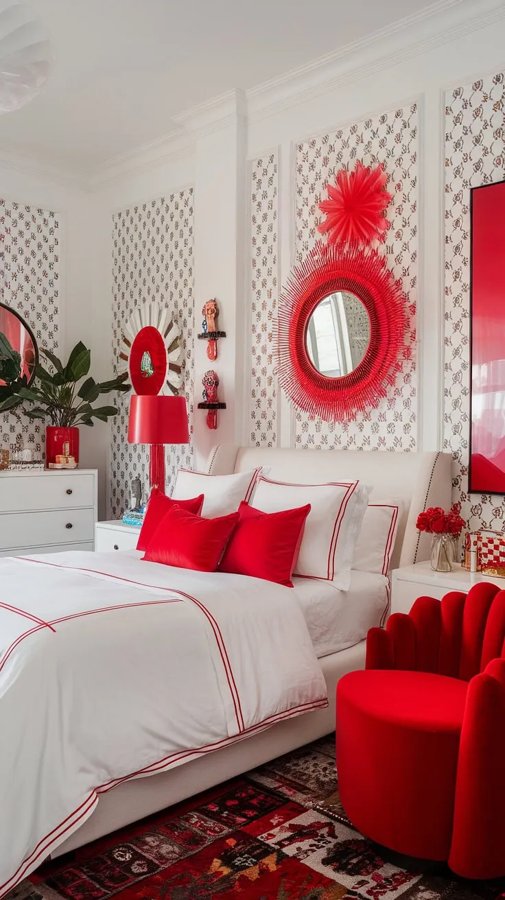Maximalist bedding inspiration meets eclectic apartment aesthetic in this stunning apartment bedroom design.  The white bedroom with red accents demonstrates the power of red accent decor within a carefully considered color theory in bedroom design.  This maximalist bedroom decor is a masterclass in bedding arrangement ideas, showcasing a truly unique and vibrant eclectic maximalist bedroom.
