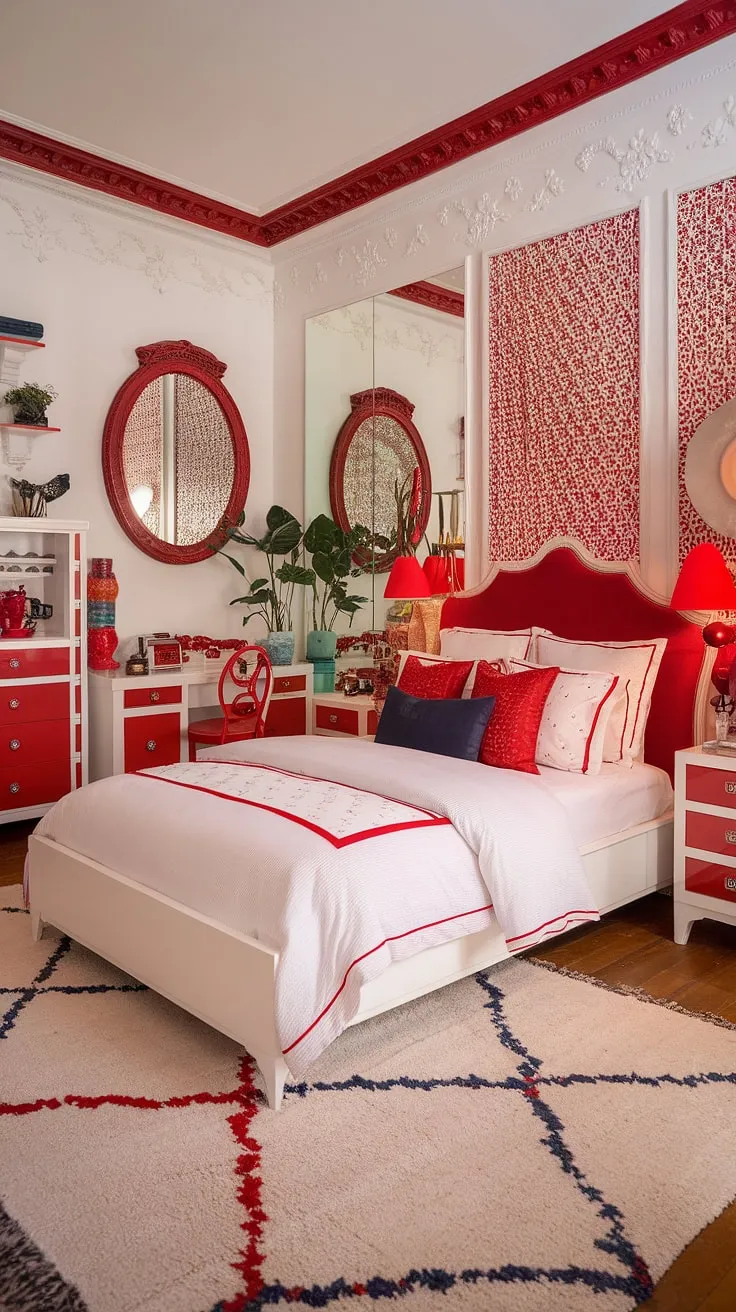 Dive into a world of maximalist bedding inspiration within this apartment bedroom design.  The white bedroom with red accents is a masterclass in color theory in bedroom design, showcasing the artistry of maximalist bedroom decor.  This eclectic maximalist bedroom is a feast for the eyes, offering unique bedding arrangement ideas and a truly captivating eclectic apartment aesthetic.