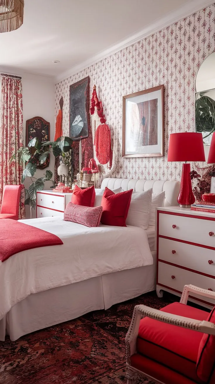 This eclectic maximalist bedroom is a vibrant explosion of personality.  The white base allows the red accent decor to truly pop, showcasing a masterful application of color theory in bedroom design.  Notice the bedding arrangement ideas—a testament to maximalist bedding inspiration—perfectly complementing the overall eclectic apartment aesthetic.  This apartment bedroom design proves that more is more.