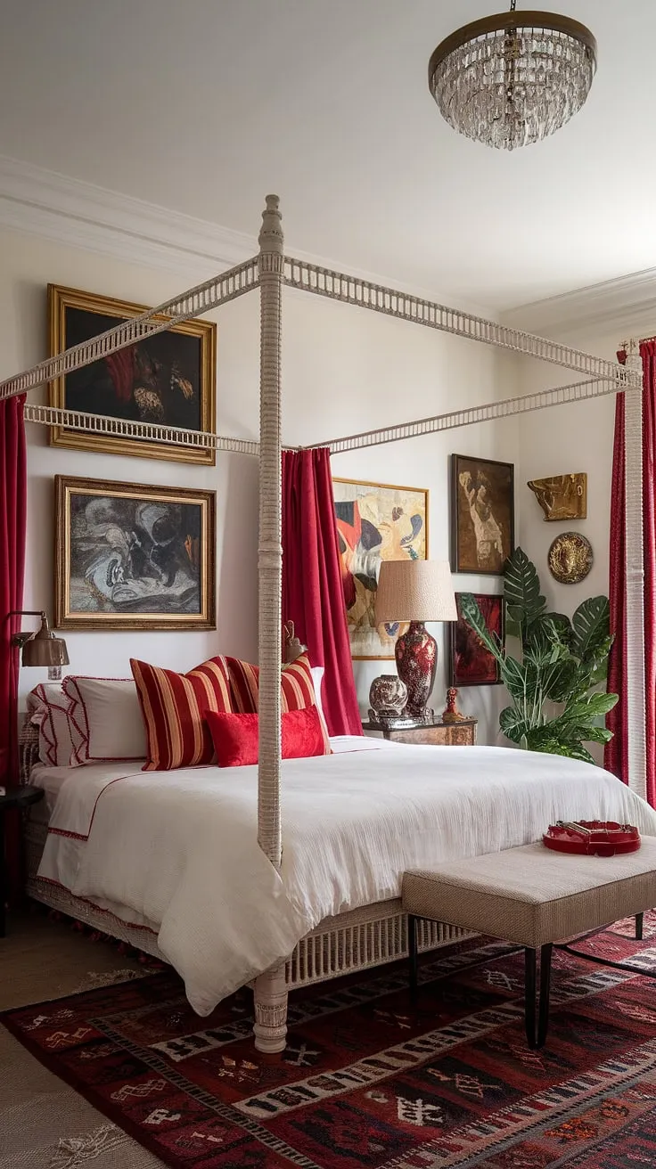 This eclectic maximalist bedroom is a vibrant explosion of personality.  The white base allows the red accent decor to pop, showcasing a masterful application of color theory in bedroom design.  Note the clever bedding arrangement ideas and maximalist bedding inspiration – a true testament to unique apartment bedroom design and eclectic apartment aesthetic.