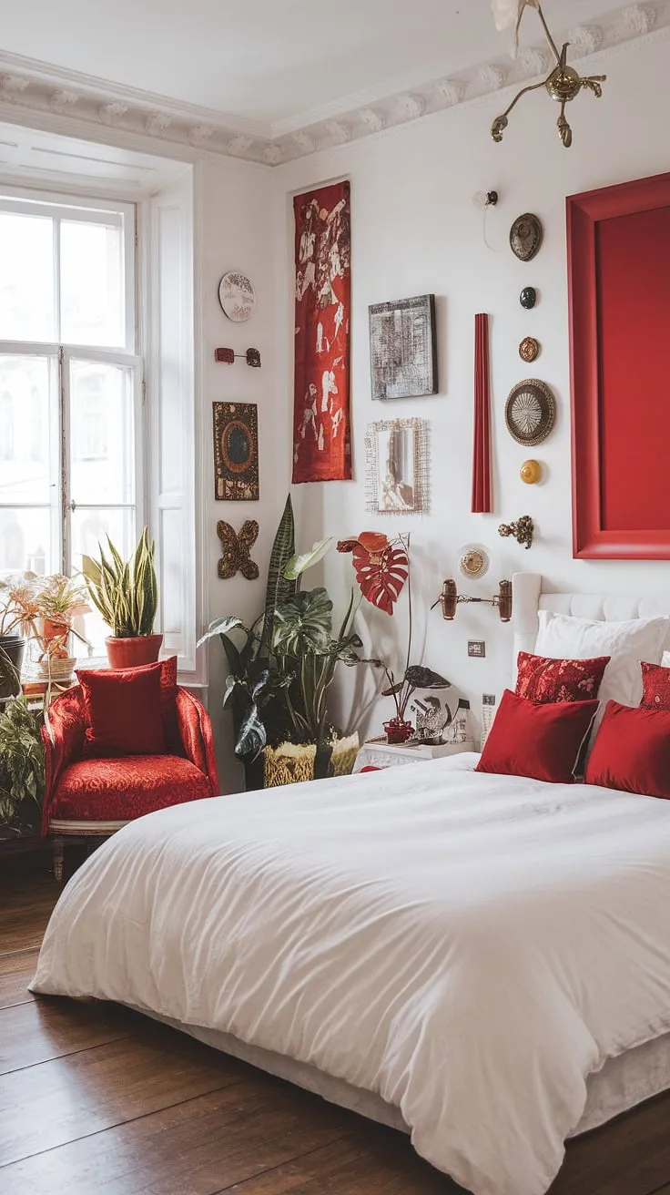 A riot of color and pattern! This apartment bedroom design is a masterclass in maximalist bedroom decor, demonstrating how red accent decor can elevate a white bedroom.  Explore the eclectic maximalist bedroom's bedding arrangement ideas and discover the magic of color theory in bedroom design.  Find your maximalist bedding inspiration here.