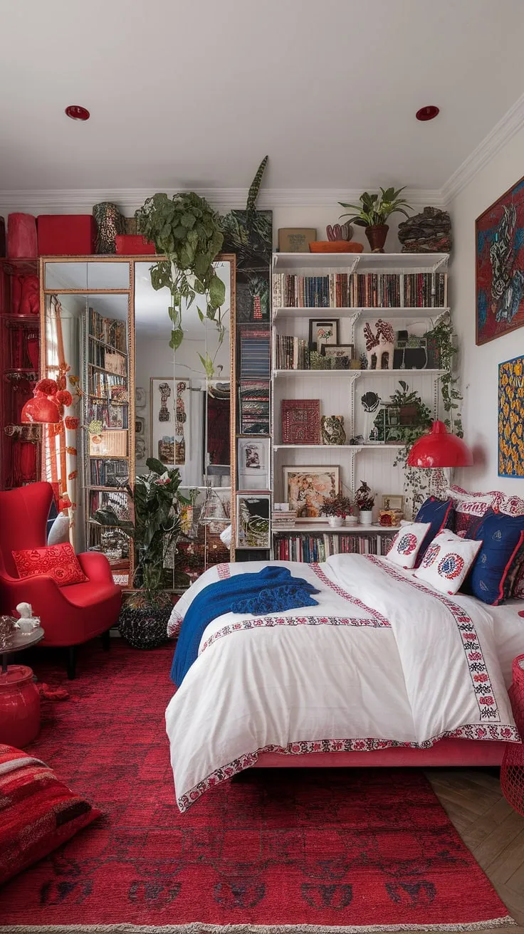 This eclectic maximalist bedroom showcases a vibrant interplay of color theory in bedroom design, proving that a white bedroom with red accents can be anything but minimalist.  The maximalist bedroom decor, including the bedding arrangement ideas and red accent decor, creates a truly unique and inspiring apartment bedroom design reflecting an eclectic apartment aesthetic and offering maximalist bedding inspiration.