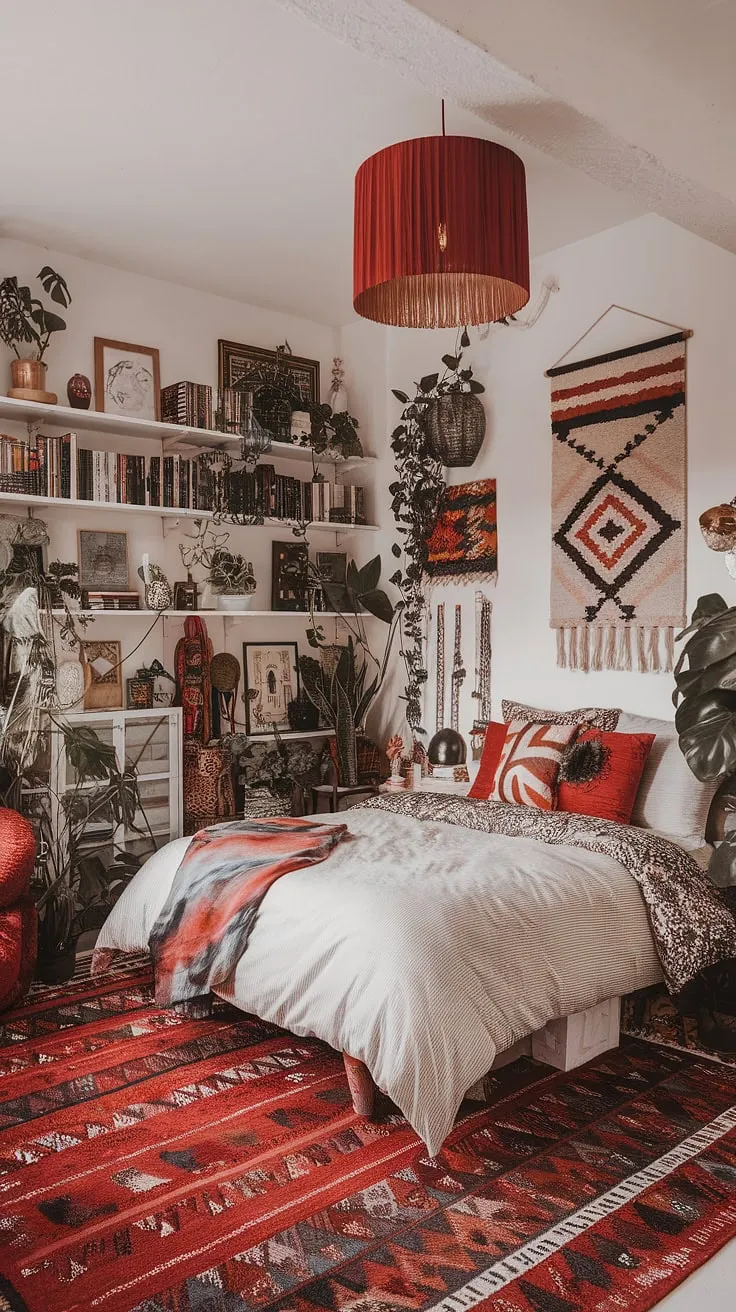Dive into a world of maximalist bedding inspiration in this apartment bedroom design.  The white bedroom with red accents is a masterclass in color theory in bedroom design, showcasing how bold choices can create an eclectic maximalist bedroom.  Notice the carefully curated maximalist bedroom decor and bedding arrangement ideas, all contributing to this stunning eclectic apartment aesthetic.