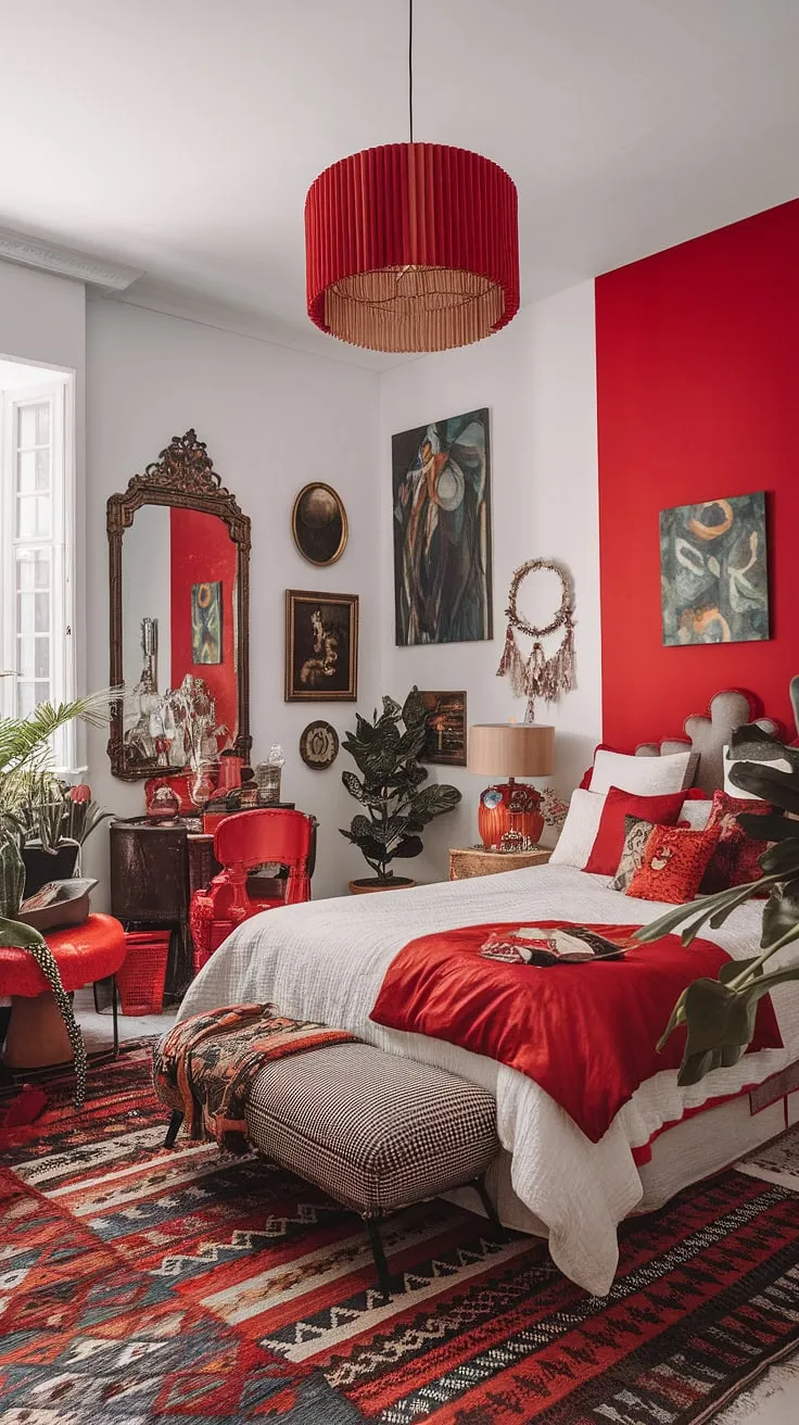 This apartment bedroom design is a masterclass in eclectic apartment aesthetic.  The white backdrop serves as the perfect canvas for a maximalist bedding inspiration scheme, with red accent decor creating a striking focal point.  Explore the possibilities of color theory in bedroom design with this eclectic maximalist bedroom, brimming with unique textures and bedding arrangement ideas.