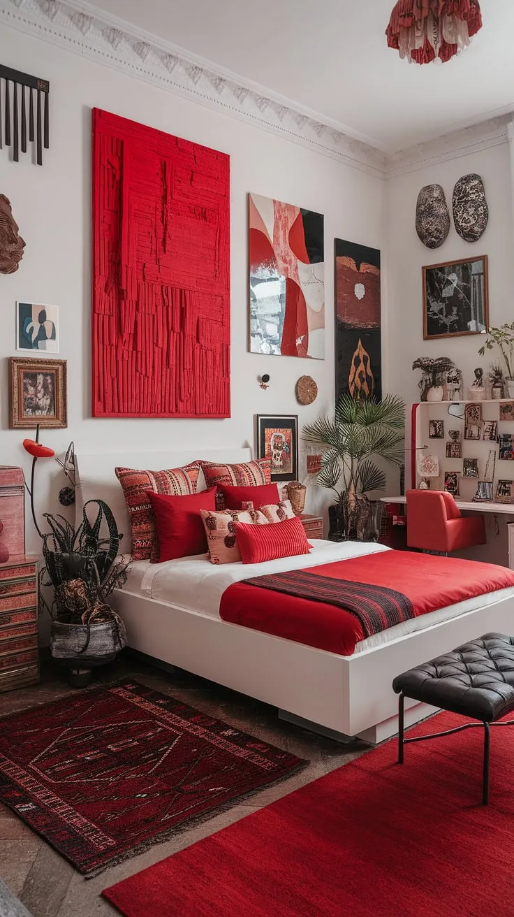 This eclectic maximalist bedroom is a vibrant explosion of personality.  The white base allows the red accent decor to truly pop, showcasing a masterful application of color theory in bedroom design.  Notice the bedding arrangement ideas – a testament to maximalist bedding inspiration. This apartment bedroom design proves that more is more, creating a truly unique and unforgettable eclectic apartment aesthetic.