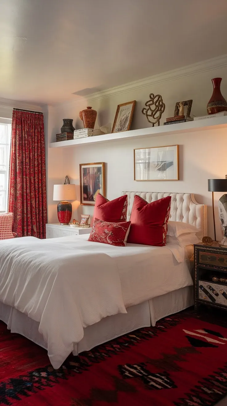 A maximalist bedding inspiration dream come true! This apartment bedroom design expertly balances a white bedroom with red accents, showcasing the power of red accent decor within a larger eclectic maximalist bedroom scheme.  The bedding arrangement ideas are a testament to the artistry of maximalist bedroom decor and a stunning example of color theory in bedroom design applied to eclectic apartment aesthetic.