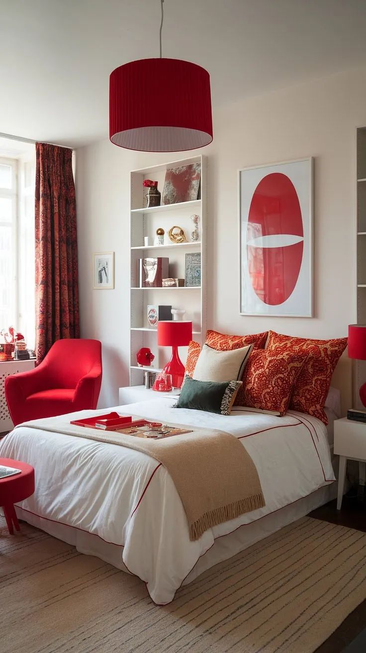 This eclectic maximalist bedroom is a vibrant explosion of personality.  The white base allows the red accent decor to truly pop, showcasing a masterful application of color theory in bedroom design.  Note the clever bedding arrangement ideas and maximalist bedding inspiration – a testament to the art of apartment bedroom design and the overall eclectic apartment aesthetic.