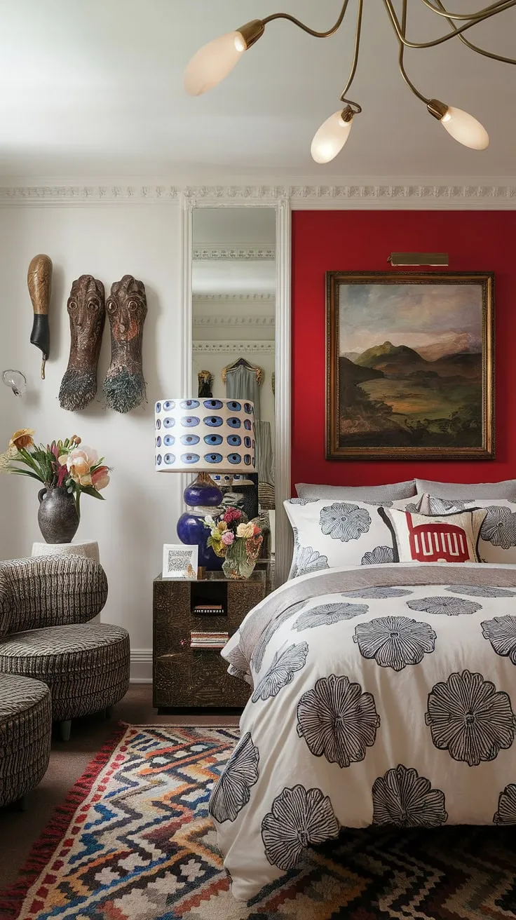 This eclectic maximalist bedroom showcases a vibrant interplay of color theory in bedroom design, proving that a white bedroom with red accents can be anything but minimalist.  The maximalist bedroom decor, including the bedding arrangement ideas and red accent decor, creates a truly unique and inspiring apartment bedroom design reflecting an eclectic apartment aesthetic and offering maximalist bedding inspiration.