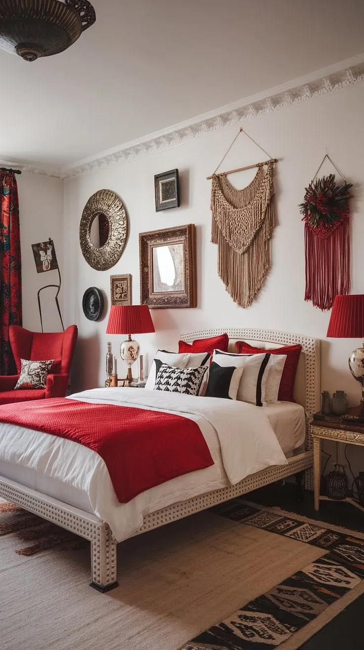 Dive into this eclectic maximalist bedroom, where a white backdrop is dramatically punctuated by red accent decor.  The maximalist bedroom decor showcases a vibrant interplay of textures and patterns, offering abundant bedding arrangement ideas and a masterclass in color theory in bedroom design. This apartment bedroom design proves that more is more.