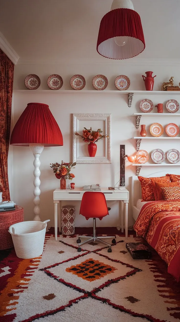 This eclectic maximalist bedroom is a vibrant explosion of color and texture.  The white base provides a perfect canvas for the red accent decor, showcasing a masterful application of color theory in bedroom design.  Notice the bedding arrangement ideas – a testament to maximalist bedding inspiration.  This apartment bedroom design proves that more is more, creating a truly unique and captivating eclectic apartment aesthetic.