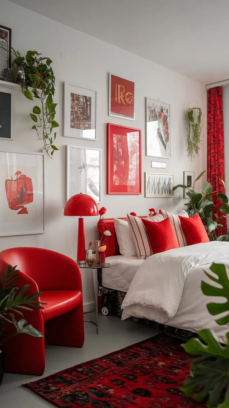 Maximalist bedroom decor doesn't have to be overwhelming. This white bedroom with red accents proves that a carefully curated collection of art, plants, and red accent decor can create a cozy and stylish eclectic maximalist bedroom.  The bedding arrangement ideas highlight the impact of maximalist bedding inspiration within the overall apartment bedroom design, a testament to the thoughtful application of color theory in bedroom design.