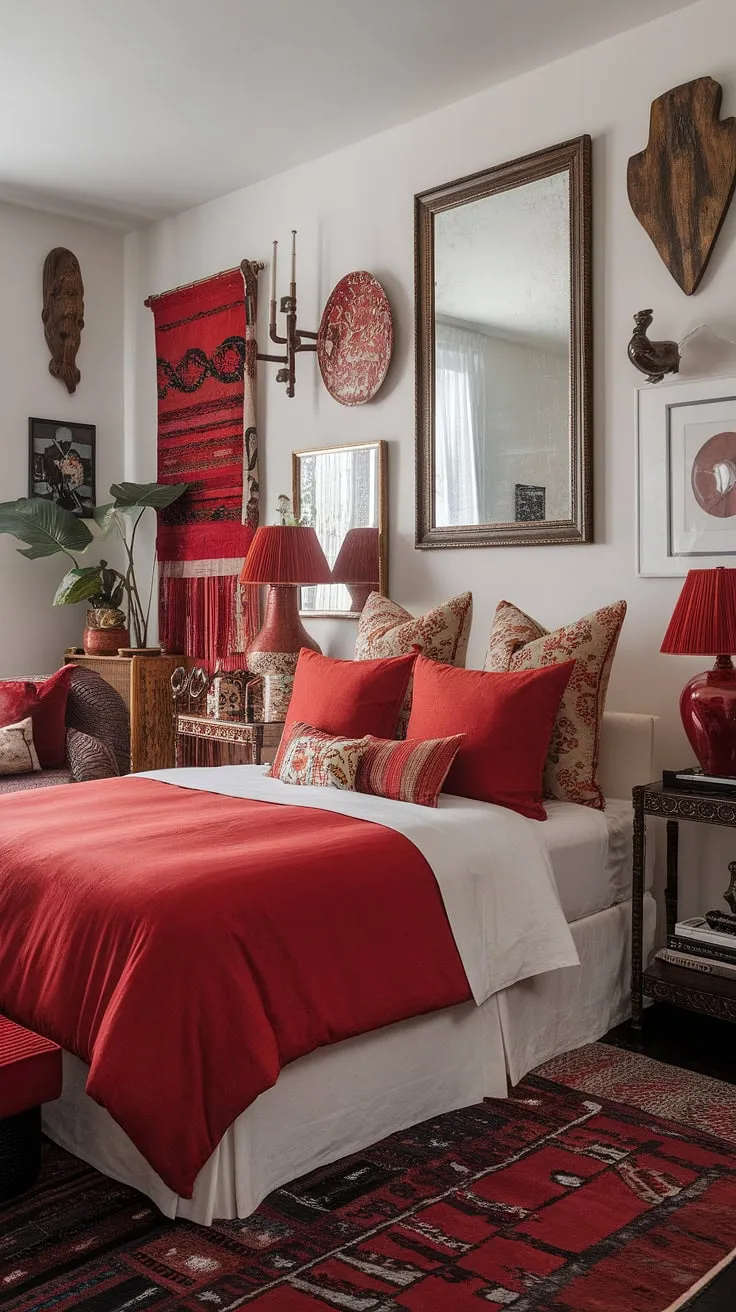 This eclectic maximalist bedroom showcases a vibrant interplay of color theory in bedroom design, proving that a white bedroom with red accents can be anything but minimalist.  The maximalist bedroom decor, featuring bold red accent decor and unique bedding arrangement ideas, creates a truly captivating apartment bedroom design and eclectic apartment aesthetic.  Maximalist bedding inspiration abounds in this space.