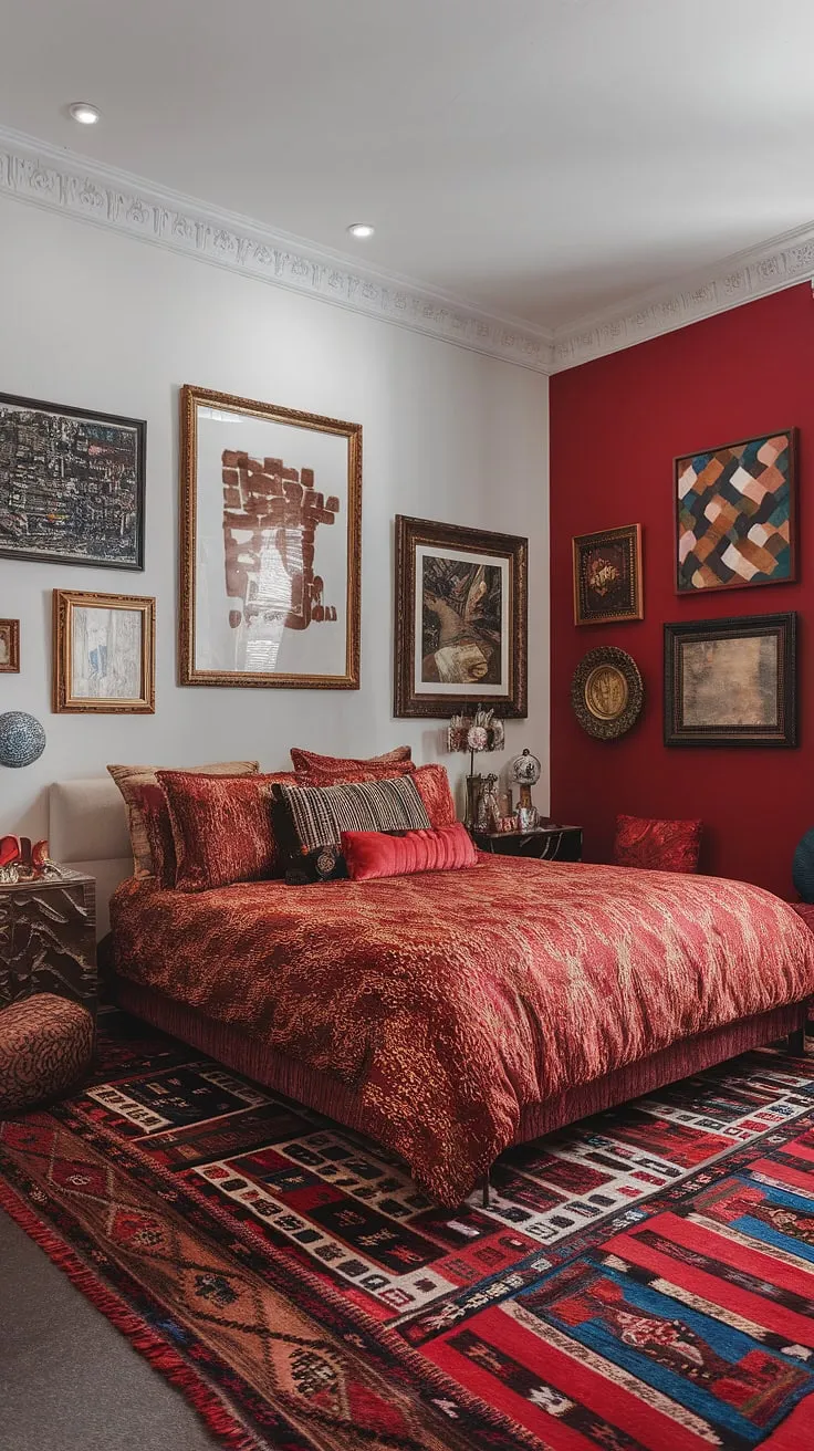This eclectic maximalist bedroom showcases a vibrant interplay of color theory in bedroom design, proving that a white bedroom with red accents can be anything but minimalist.  The maximalist bedroom decor, including the bedding arrangement ideas and red accent decor, creates a truly unique and inspiring apartment bedroom design reflecting an eclectic apartment aesthetic and offering maximalist bedding inspiration.
