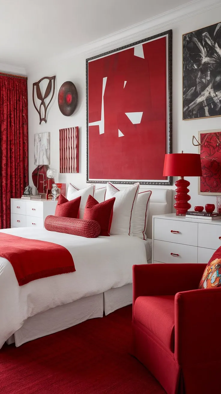 This eclectic maximalist bedroom showcases a vibrant interplay of color theory in bedroom design, proving that a white bedroom with red accents can be anything but minimalist.  The maximalist bedroom decor, complete with bold bedding arrangement ideas, creates a truly unique apartment bedroom design and eclectic apartment aesthetic.  Maximalist bedding inspiration abounds in this space.